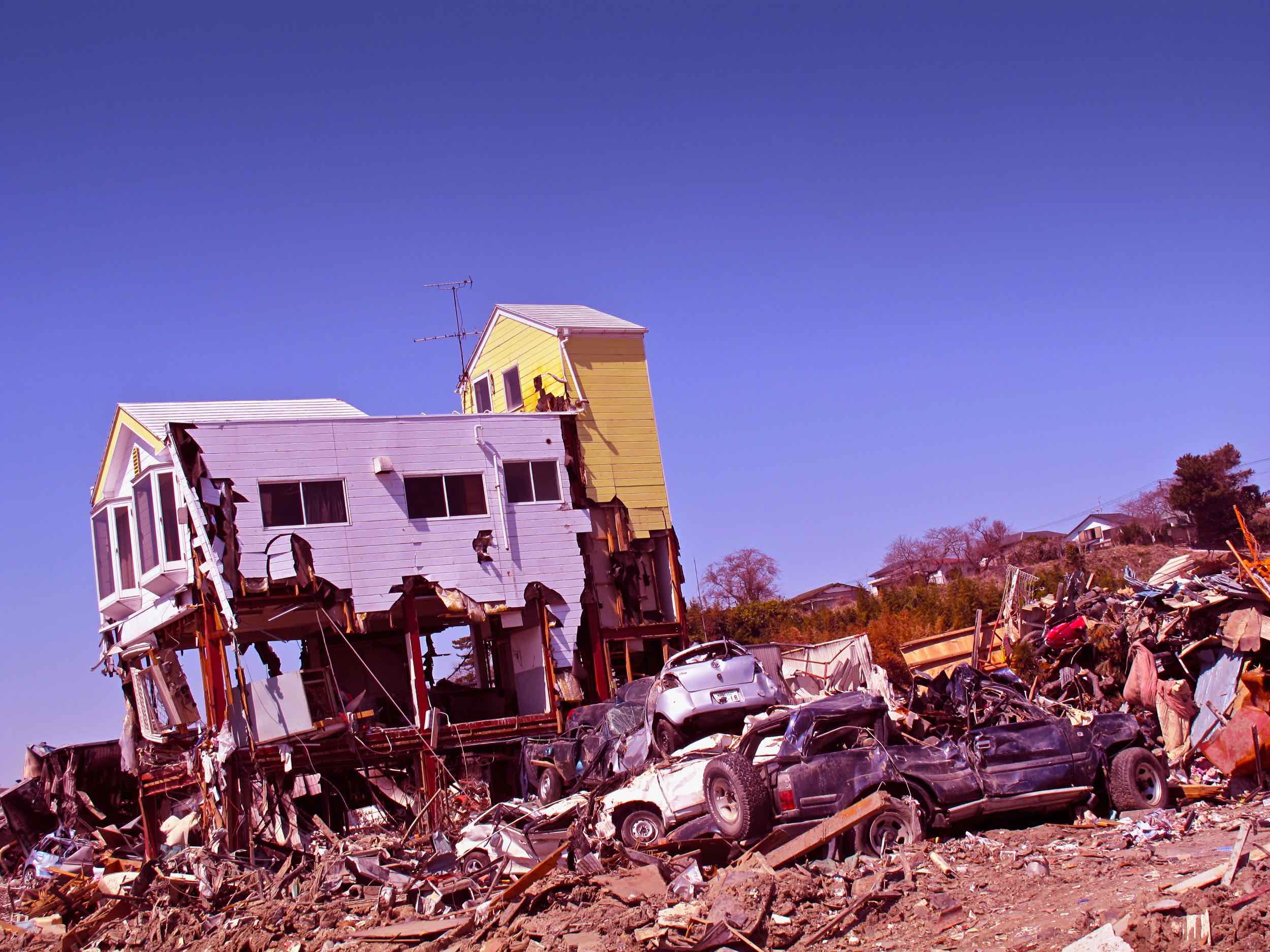  4/5 ruined house and wrecked cars in residential neighborhood, outskirts of Ishinomaki City 