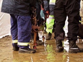  3/15 members of Queensland Search and Rescue Task Force outside Tome City Hall 