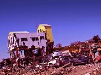  4/5 ruined house and wrecked cars in residential neighborhood, outskirts of Ishinomaki City 